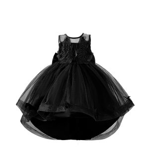 Girls' Princess Dress with Beaded Tulle Train, Sleeveless Black Formal Dress