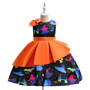 Halloween Princess Dress for Girls, Sleeveless Satin Formal Gown with Bowknot Tulle Skirt