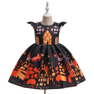 Fancy Halloween Printed Satin Dress for Kids Princess Party Costume Dress